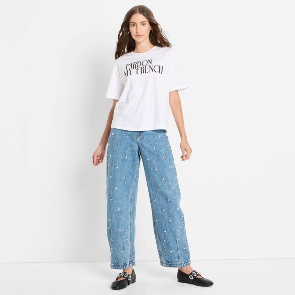 Open Box - Future Collective - Women's Mid-Rise Studded Barrel Leg Jea Blue - Picture 3 of 3